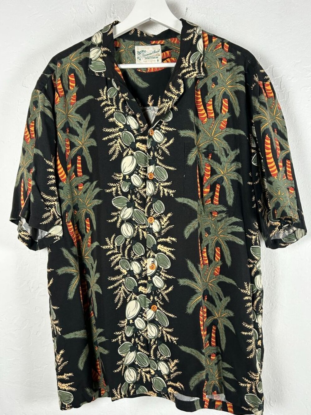 Vintage Diamond Head Sportswear Mens Black Coconut & Palm Tree Hawaiian Shirt